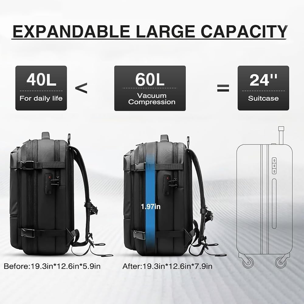 Expandable Vacuum Travel Backpack — Anti-Theft Waterproof Carry-On with Built-In Compression Pump